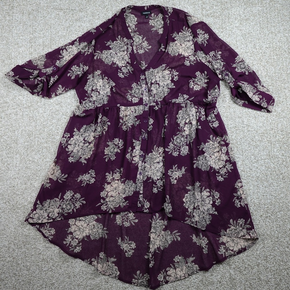 Torrid Burgundy Floral Sheer High-Low Tunic Shirt Womens 2 Plus V-Neck Roll Tab - Picture 2 of 5